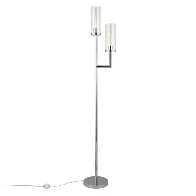 Homezia 69" Nickel Two Light Torchiere Floor Lamp With Clear Transparent Glass Drum Shade In Gray