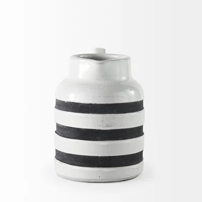 Homezia 9" Rustic White And Blue Stripe Ceramic Jug In Brown