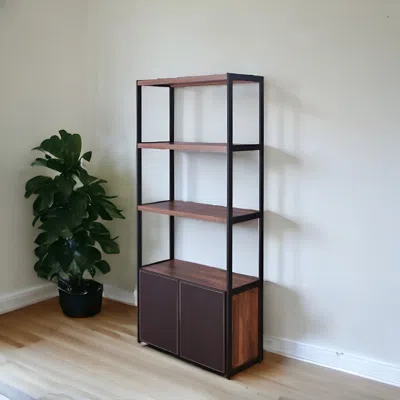 Homezia 70" Brown And Black Metal Three Tier Bookcase With Two Doors