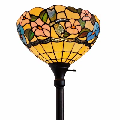 Homezia 70" Brown Traditional Shaped Floor Lamp With Green And Brown Tiffany Glass Bowl Shade In Multi