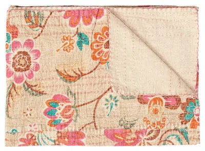 Homezia 70" X 50" Beige Pink Orange And Green Kantha Cotton Floral Throw Blanket With Embroidery