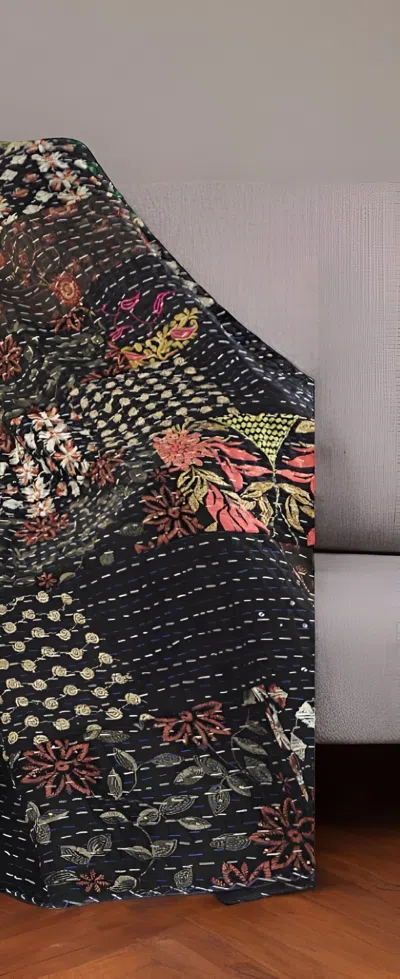 Homezia 70" X 50" Black Kantha Cotton Patchwork Throw Blanket With Embroidery