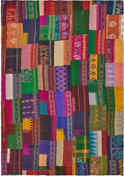 Homezia 70" X 50" Blue And Green Kantha Silk Patchwork Throw Blanket With Embroidery