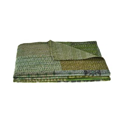 Homezia 70" X 50" Green Kantha Silk Patchwork Throw Blanket With Embroidery