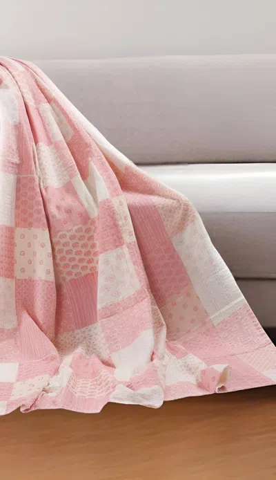 Homezia 70" X 50" Pale Pink Kantha Cotton Patchwork Throw Blanket With Embroidery