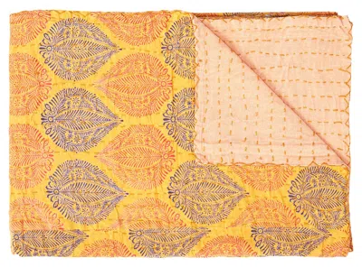 Homezia 70" X 50" Yellow And Peach Kantha Cotton Patchwork Throw Blanket With Embroidery