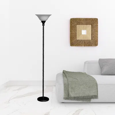 Homezia 71" Black Torchiere Floor Lamp With Black Frosted Glass Dome Shade In Brown