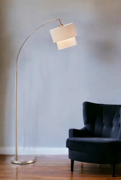 Homezia 71" Silver Adjustable Arched Floor Lamp With White And Natural Drum Shade In Blue