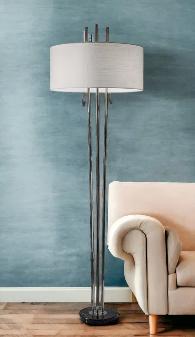Homezia 71" Two Light Three Pole Floor Lamp With White Fabric Drum Shade In Black