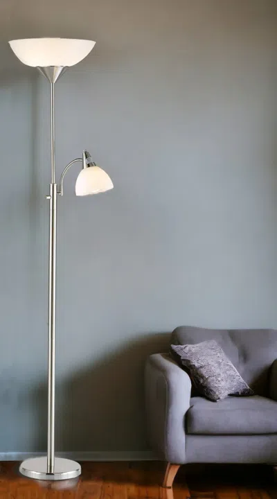 Homezia 71" Two Light Torchiere Floor Lamp With White Acrylic Bowl Shades In Metallic
