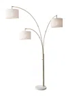 Homezia 74" Brass Three Light Arc Floor Lamp With Off White Fabric Drum Shade