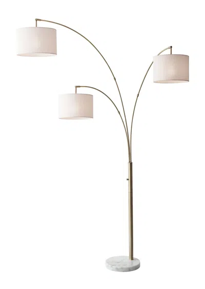 Homezia 74" Brass Three Light Arc Floor Lamp With Off White Fabric Drum Shade In Neutral