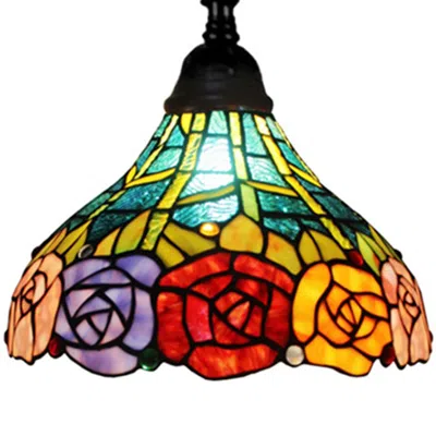 Homezia 74" Brown Traditional Shaped Floor Lamp With Blue Red And Yellow Flowers Stained Glass Dome Shade