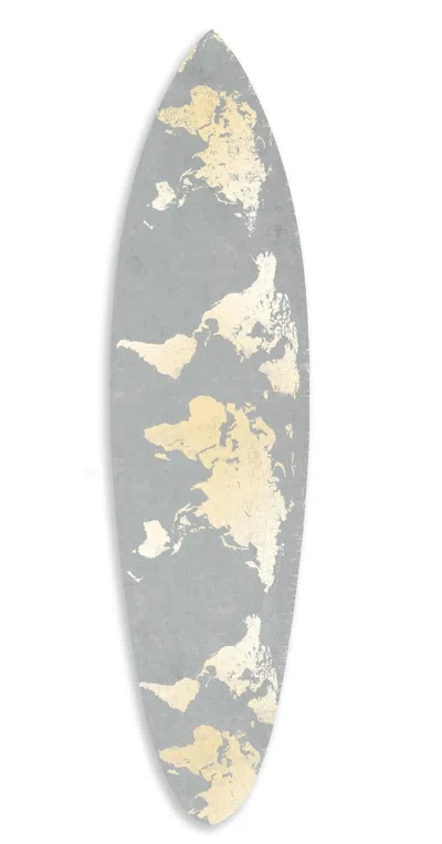 Homezia 76" X 18" X 1" Grey And Gold World Map Surfboard Wall Art In Gray