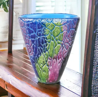 Homezia 8" Blue And Green Murano Glass Abstract Oval Table Vase In Multi