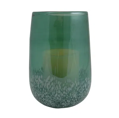 Homezia 8" Green And White Glass Tabletop Hurricane Candle Holder With Candle