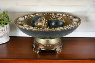Homezia 8" Marbleized Green And Gold Polyresin Decorative Bowl With Orbs In Multi