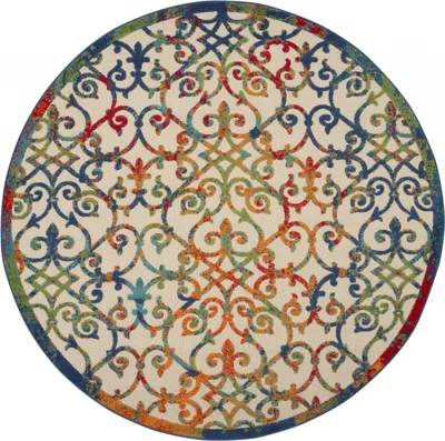 Homezia 8' Round Ivory And Blue Round Floral Indoor Outdoor Area Rug In Multi