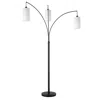 HOMEZIA 83" BLACK THREE LIGHT TORCHIERE FLOOR LAMP WITH WHITE FROSTED GLASS DRUM SHADE