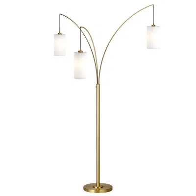 Homezia 83" Brass Three Light Tree Floor Lamp With White Frosted Glass Drum Shade In Burgundy
