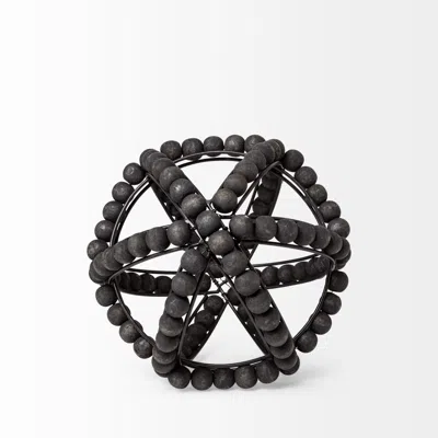 Homezia 9" Black Wooden Bead And Metal Orb Sculpture