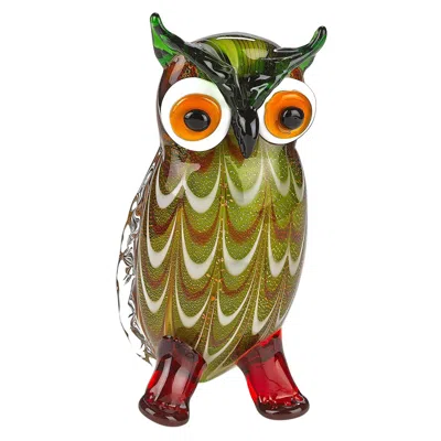 Homezia 9" Green And White Murano Glass Owl Figurine Tabletop Sculpture