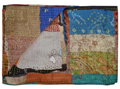 Homezia 90" X 60" Blue Brown And Green Kantha Cotton Patchwork Throw Blanket With Embroidery