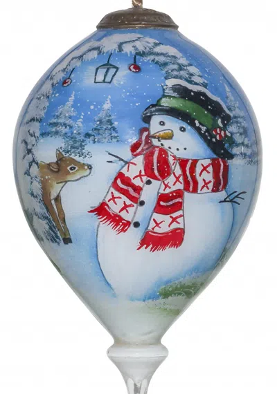 Homezia Adorable Snowman And Deer Hand Painted Mouth Blown Glass Ornament In Blue