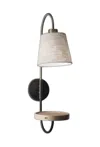 Homezia Antique Brass And Black Metal Wall Lamp With Usb Charging Station Wood Shelf