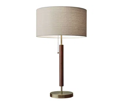 Homezia Antique Brass Metal And Walnut Wood Table Lamp In Brown