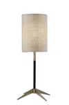 Homezia Antique Brass Metal Tripod Base With Matte Black Accent And Tall Natural Fabric Shade Table Lamp