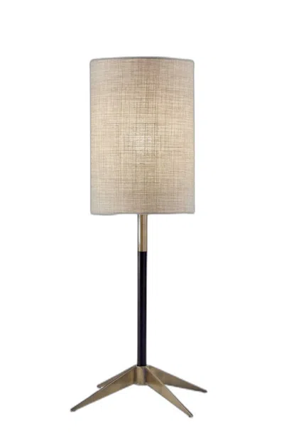 Homezia Antique Brass Metal Tripod Base With Matte Black Accent And Tall Natural Fabric Shade Table Lamp