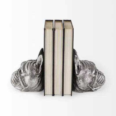 Homezia Antiqued Silver Pug Shaped Bookends In Gray