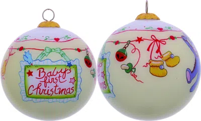 Homezia Baby's First Christmas With Motifs Hand Painted Mouth Blown Glass Ornament In Blue