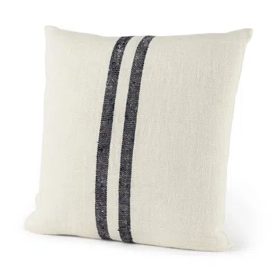 Homezia Beige And Central Blue Stripes Square Accent Pillow Cover In White