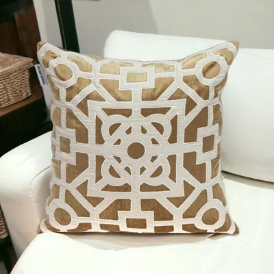 Homezia Beige And Gold Lattice Velvet Throw Pillow