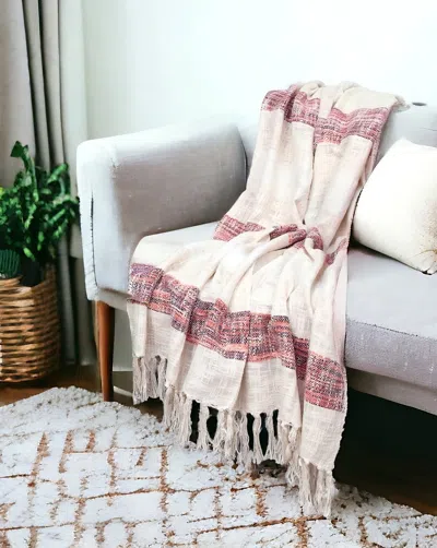 Homezia Beige And Shades Of Pink Strips Woven Handloom Throw Blanket In Multi