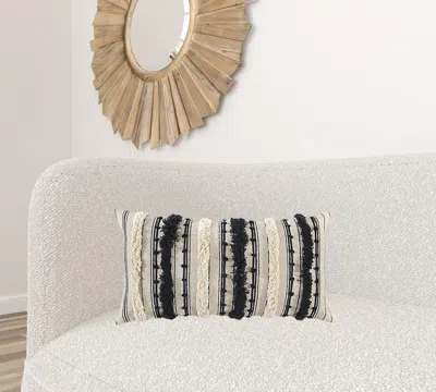 Homezia Beige Black Eyelash Fringe Textured Lumbar Pillow