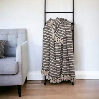 Homezia Black And Beige Striped Woven Handloom Throw Blanket