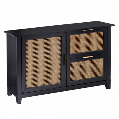Homezia Black And Cane Bamboo Accent Storage Cabinet