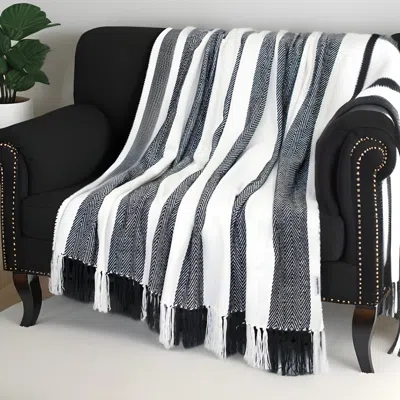 Homezia Black And White Woven Cotton Striped Throw Blanket