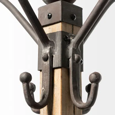 Homezia Black Metal And Wooden Coat Rack With Multiple Hooks