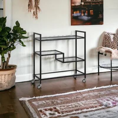 Homezia Black Steel And Glass Rolling Bar Cart