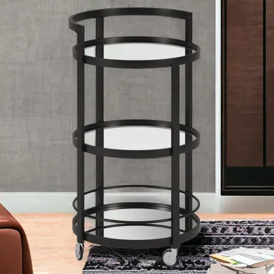 Homezia Black Steel And Glass Round Rolling Bar Cart