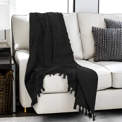 Homezia Black Woven 100% Woven Textured Cotton Throw Blanket