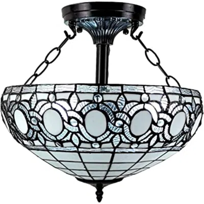 Homezia Blue And Black Tiffany Style Two Light Glass Dimmable Semi Flush Ceiling Light