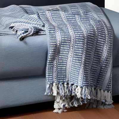 Homezia Blue And White Woven Cotton Striped Throw Blanket