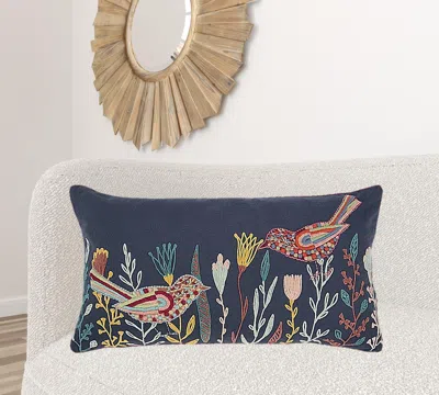Homezia Blue Botanical And Bird Embroidered Lumbar Pillow In Multi