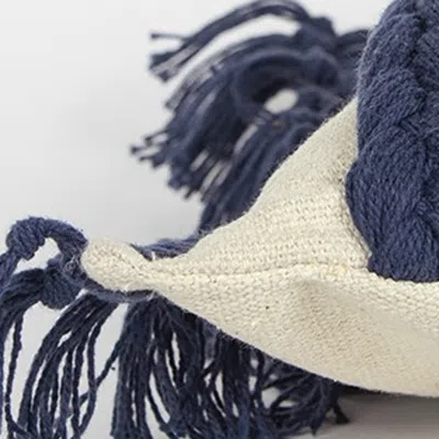 Homezia Blue Braided Stripe Macrame Fringe Lumbar Pillow