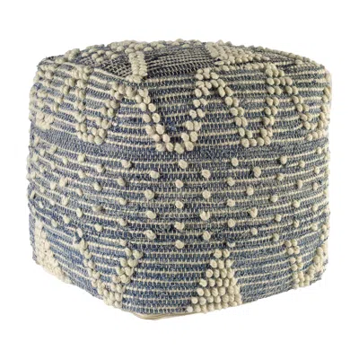 Homezia Blue Denim And Ivory Square Pouf With Cotton Stitched